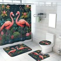 Pink Flamingo 4 Pcs Shower Curtain Set Tropical Birds Green Palm Leaf Flowers with 12 Hooks, Bath Mat Set Bathroom Decor by Durable Waterproof Fabric, 72x72 Inch