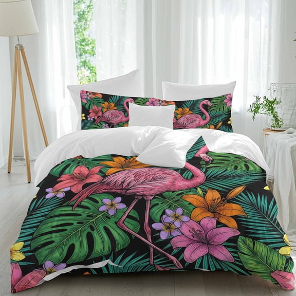 Pink Flamingo 4 Piece Duvet Cover Set Twin Size Summer Tropical Jungle Hibiscus Flower Vintage Soft Bedding Set Comforter Cover, 1 Duvet Cover 1 Flat Sheets and 2 Pillowcases