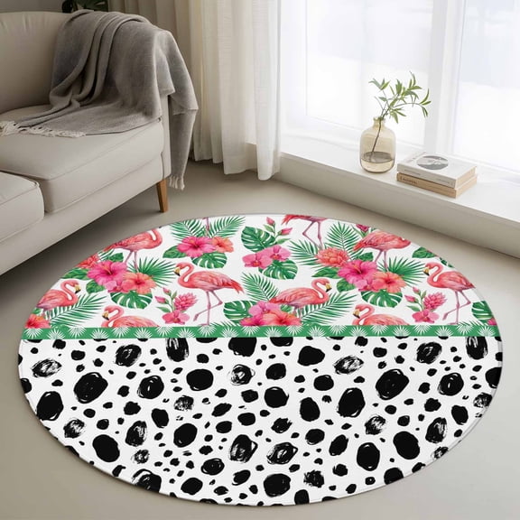 Pink Flamingo 4FT Round Area Rug Boho Hibiscus Floral Leaf Black Dots Patchwork Soft Small Round Rugs Non-Slip, Ultra-Thin Washable Rug Low Pile Circle Carpet for Bedroom Kitchen Nursery