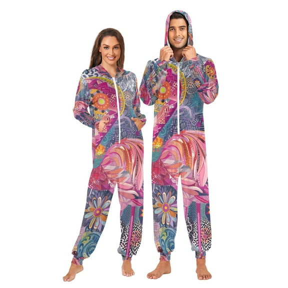 Pink Flamingo Adult Onesie Pajamas Slim Fit Christmas One Piece Suit Pjs for Women and Men Hooded Zipper