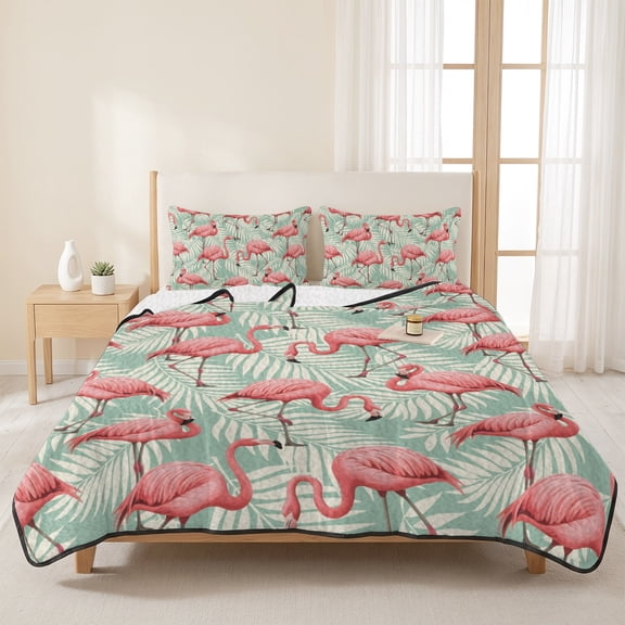 Pink Flamingo Animal Pattern Tropical Plant 3 Pieces Quilt Set,1 Quilt with 2 Shams,Palm Leaf White Shade Turquoise Bedspread Soft Lightweight Bedding Coverlet Comforter Set for All Season 96"x106"