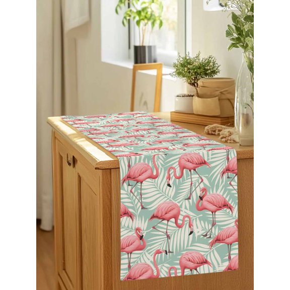 Pink Flamingo Animal Tropical Plant Table Runner 36 Inches Long,Kitchen Dining Tablerunners Palm Leaves White Shade Turquoise Linen Table Runners Dresser Scarves for Home Dinner Wedding Holiday Party