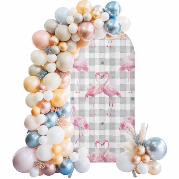 Pink Flamingo Arch Backdrop Cover 4 FT Summer Animal Heart Shape Palm Leaf Gray Plaid Stretchy Elastic Arch Stand Covers Spandex Arched Background Birthday Wedding Party Decoration (No Stand)