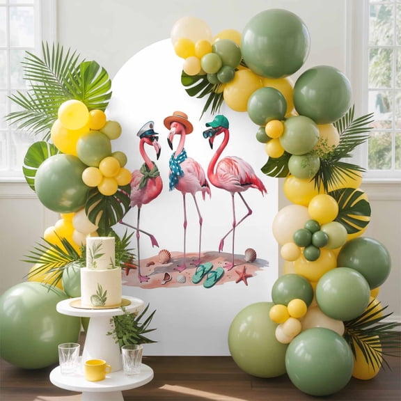 Pink Flamingo Arch Backdrop Cover, 4FT, Abstract Animals on The Beach Seaside Spandex Arch Covers Double-Sided Backdrop for Wedding Birthday Party Photo Background Decoration