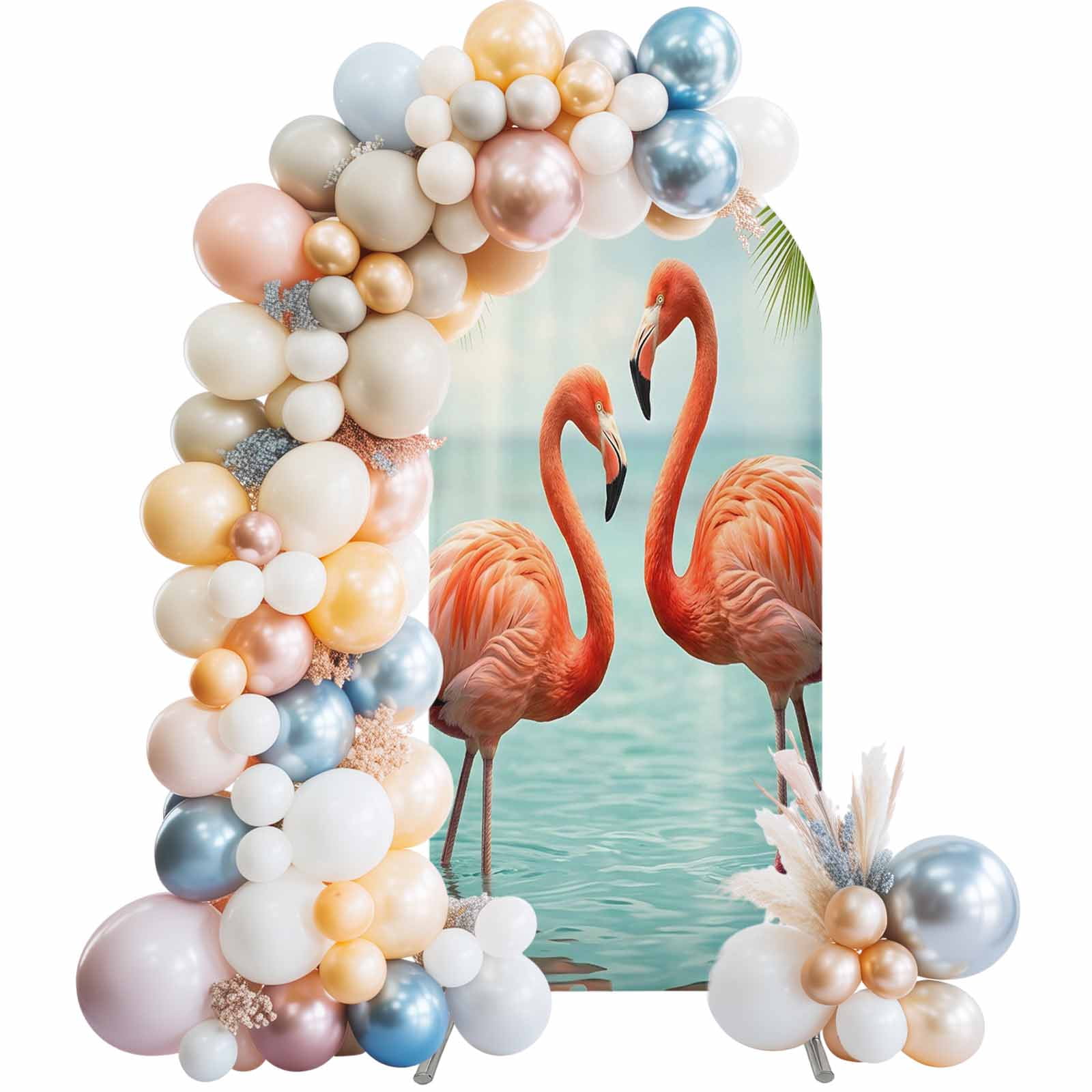 Pink Flamingo Arch Backdrop Cover 5 FT Animal Tropical Palm Tree Blue Lake Surface Stretchy Elastic Arch Stand Covers Spandex Arched Background Birthday Wedding Party Decoration (No Stand)