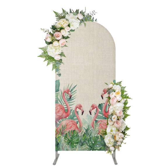 Pink Flamingo Arch Backdrop Cover 5FT, Summer Tropical Palm Leaves Burlap Spandex Fitted Stretchy Arch Stand Covers, Round Top Chiara Backdrop Cover for Wedding Party Birthday Baby Shower