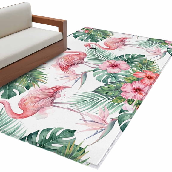 Pink Flamingo Area Rug 4x6 Washable Rug Non Slip Farmhouse Summer Tropical Palm Leaves Floral Large Area Rug Indoor Carpet for Entryway Bedroom Kitchen Living Room Home Office Dining Room Nursery