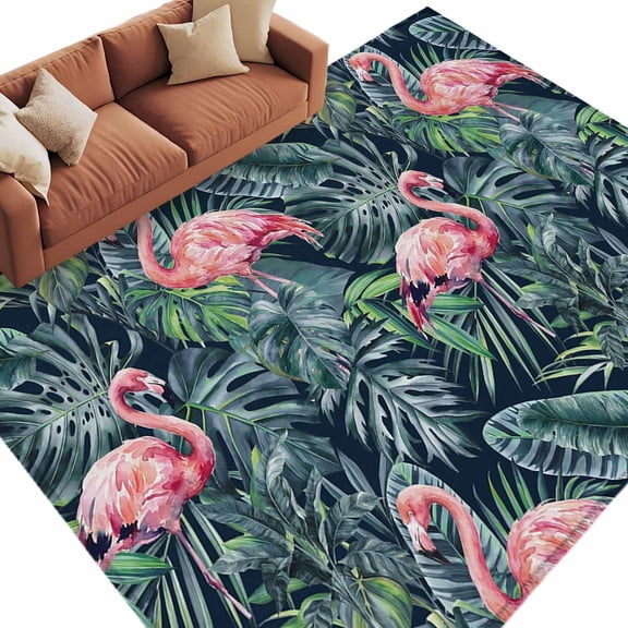 Pink Flamingo Area Rug 5x7 Washable Rug Non Slip Summer Watercolor Tropical Green Palm Leaves Large Area Rug Soft Stainresistant Indoor Floor Carpet for Living Room Bedroom Office Dining Room Nursery