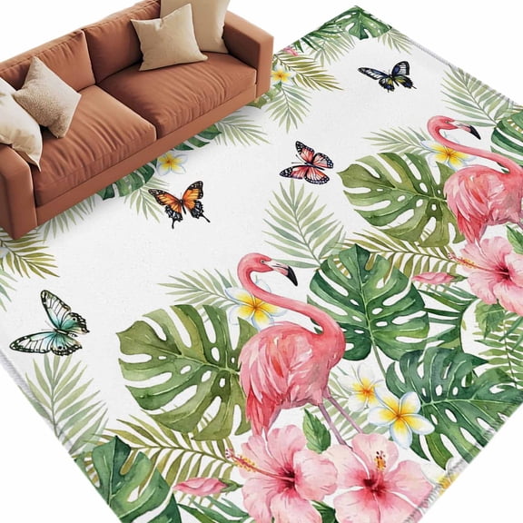 Pink Flamingo Area Rug 5x8 Washable Rug Non Slip Summer Tropical Palm Leaves Floral Butterfly Large Area Rug Soft Stainresistant Indoor Carpet for Living Room Bedroom Home Office Dining Room Nursery