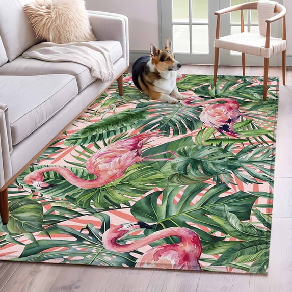 Pink Flamingo Area Rugs 3x5 ft Country Tropical Animal Green Monstera Leaf Plant Farm Washable Rug Non Slip Indoor Carpet Absorbent Floor Mat for Living Room Bedroom Dining Room