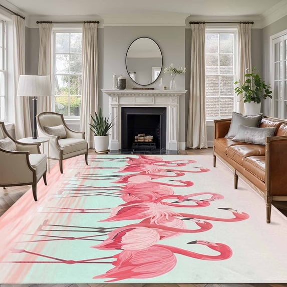 Pink Flamingo Area Rugs 5x8 for Living Room, Summer Tropical Flamingo Hawaii Animals Non Slip Washable Rug Runner, Low Pile Indoor Floor Carpet Mat Bathroom Rugs for Bedroom, Kids Room