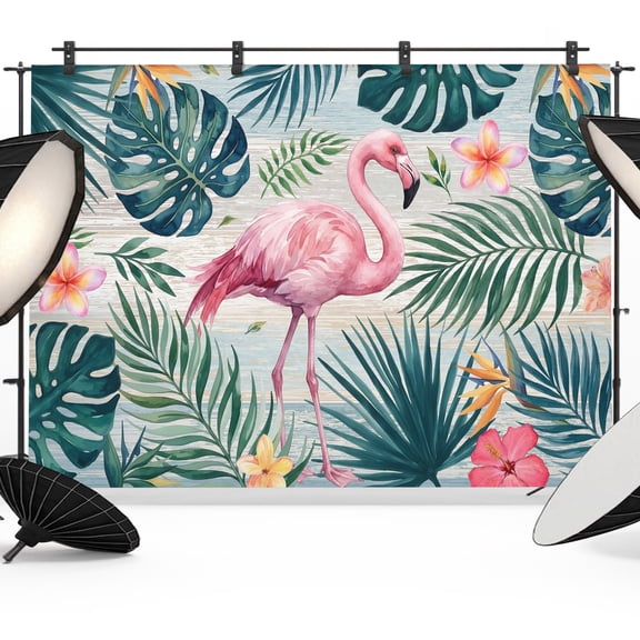 Pink Flamingo Backdrops for Photography, Palm Leaf Tropical Botanical Summer Flower Coastal Fabric Photo Background Sturdy Studio Props for Photo Studio, Video Recording, Booth & Photoshoot 8x6ft