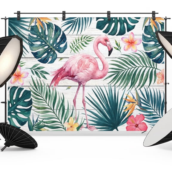 Pink Flamingo Backdrops for Photography, Palm Leaves Tropical Botanical Summer Flower Wood Grain Fabric Photo Background Sturdy Studio Props for Photo Studio, Video Recording Photoshoot 7x5ft