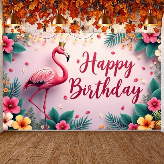 Pink Flamingo Banner Tropical Floral Birthday Backdrop Golden Crown String Lights Birthday Display for Girls' Birthday Parties Indoor Events Photo Shoots