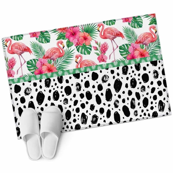 Pink Flamingo Bathroom Rug Washable 2x3 Entryway Rug Non Slip Black Polka Dot Tropical Palm Leaves Front Door Mat Low Pile Indoor Doormat Throw Floor Carpet for Kitchen Bedroom Entrance