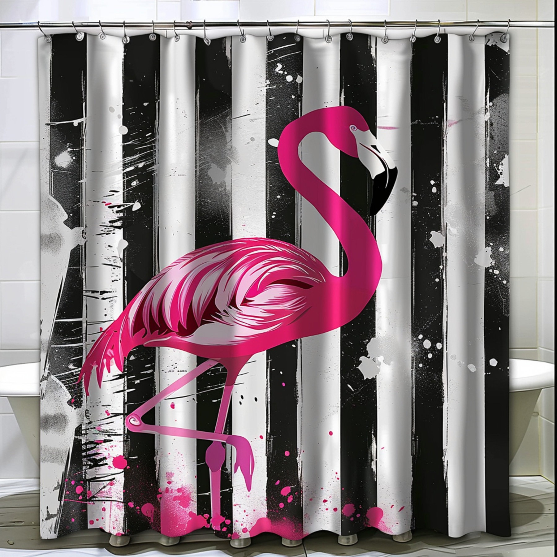 Pink Flamingo Bathroom Set Shower Curtain Mockup Wall Art Black and