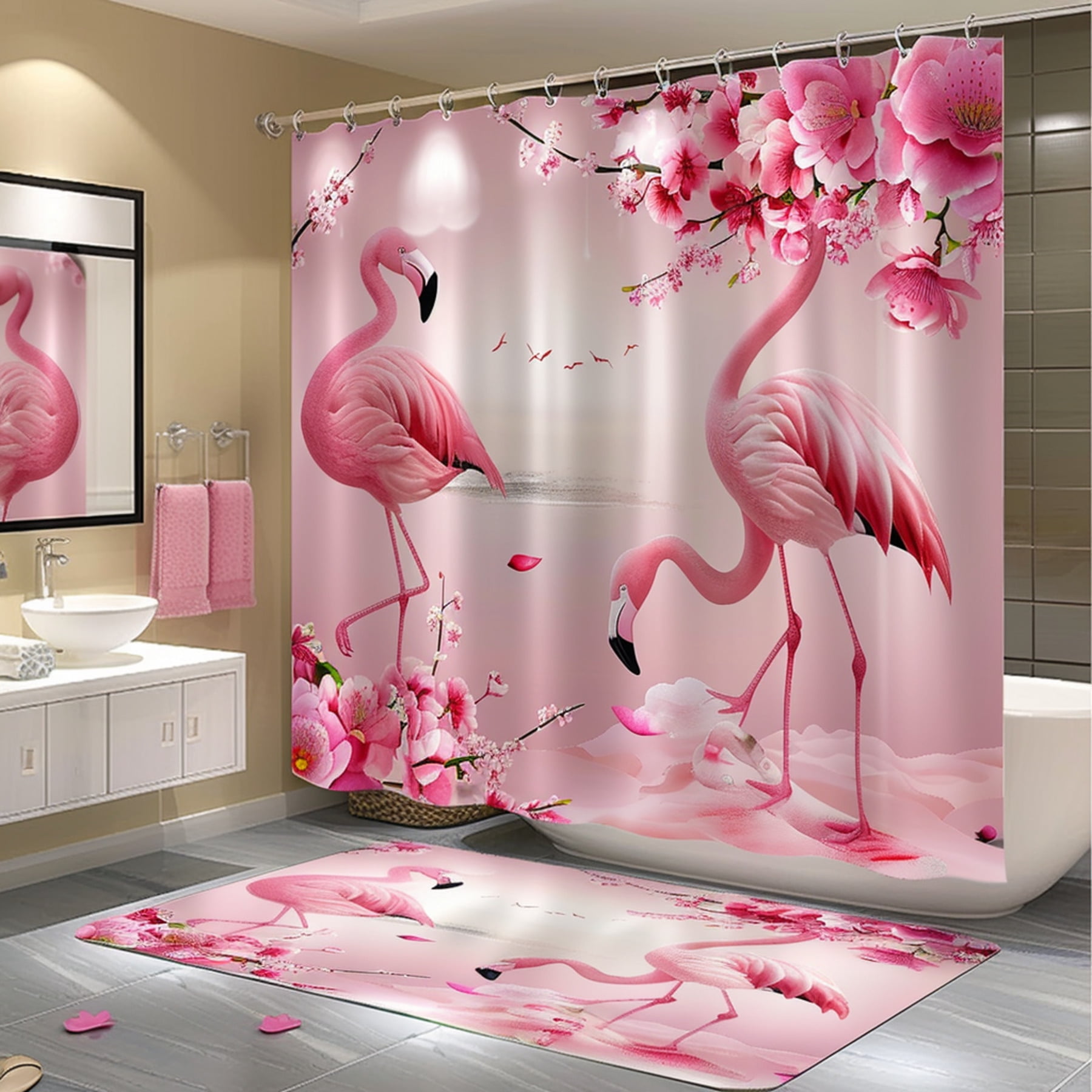 Pink Flamingo Bathroom Set with Cherry Blossom Flowers Cute Cartoon ...