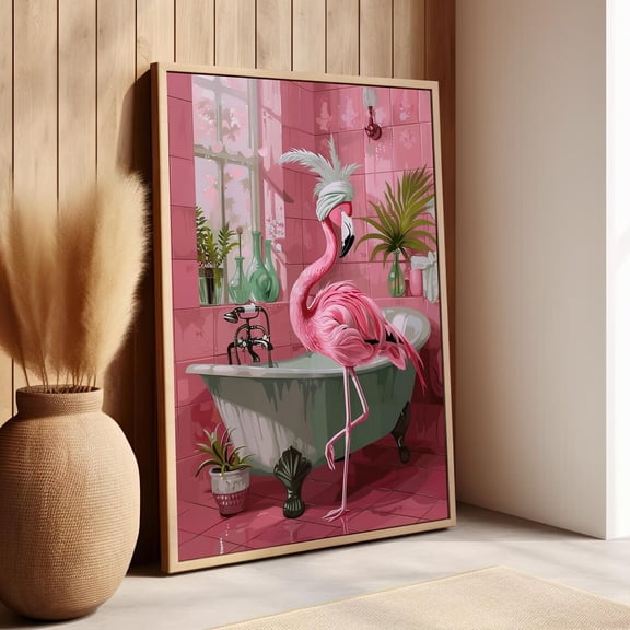 Pink Flamingo Bathroom Wall Art Retro Tropical Decor, Unframed Paper Print Size 8x12