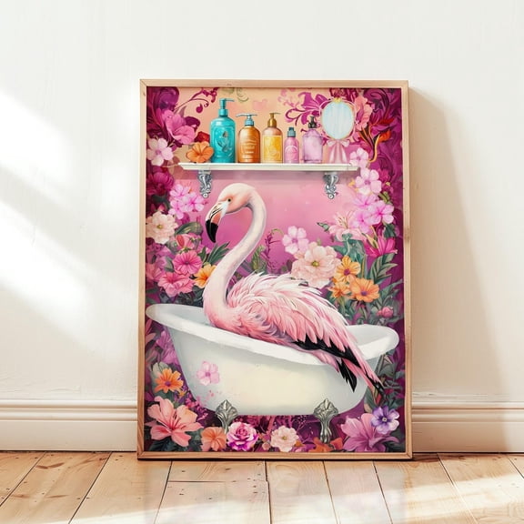 Pink Flamingo Bathtub Bathroom Wall Art, Unframed Paper Print Size 8x12
