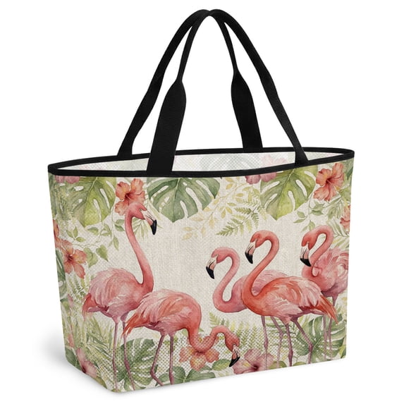 Pink Flamingo Beach Bag for Women, Large Breathable Mesh Beach Tote Bag, Tropical Summer Palm Leaves Floral Rustic Sandproof Lightweight Travel Bags for Vacation Picnic Swimming Pool 15.7"x15.7"x9.1"