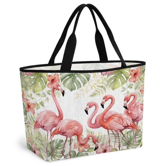 Pink Flamingo Beach Bag for Women, Large Breathable Mesh Beach Tote Bag, Tropical Summer Palm Leaves Floral Watercolor Sandproof Lightweight Travel Bags for Vacation Picnic Swimming Pool