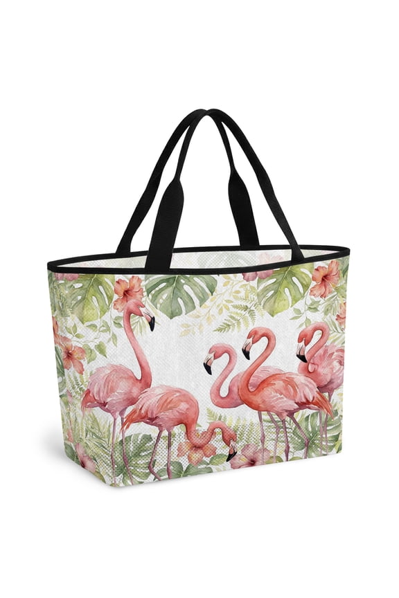 Pink Flamingo Beach Bag for Women, Large Breathable Mesh Beach Tote Bag, Tropical Summer Palm Leaves Floral Watercolor Sandproof Lightweight Travel Bags for Vacation Picnic Swimming Pool