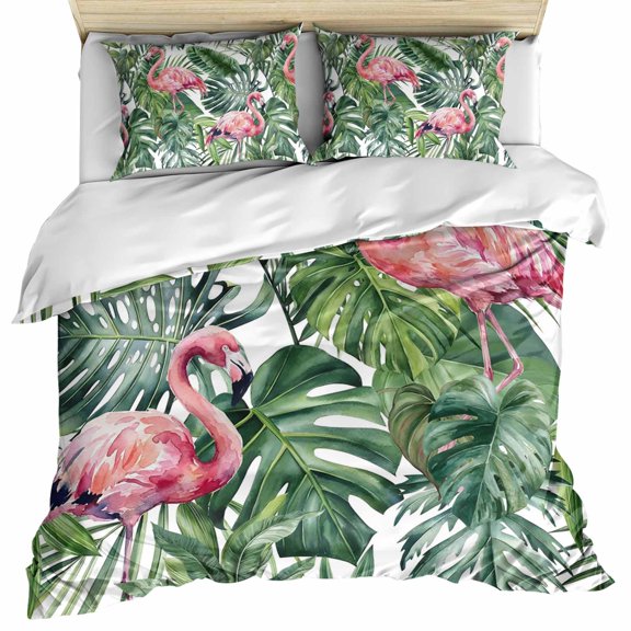 Pink Flamingo Bedding 3 Piece Duvet Cover Set Queen Size, Summer Tropical Plants Green Leaves Soft Microfiber Comforter Cover with Zipper Closure & Pillowcases, Wrinkle & FadeResistant Quilt Cover