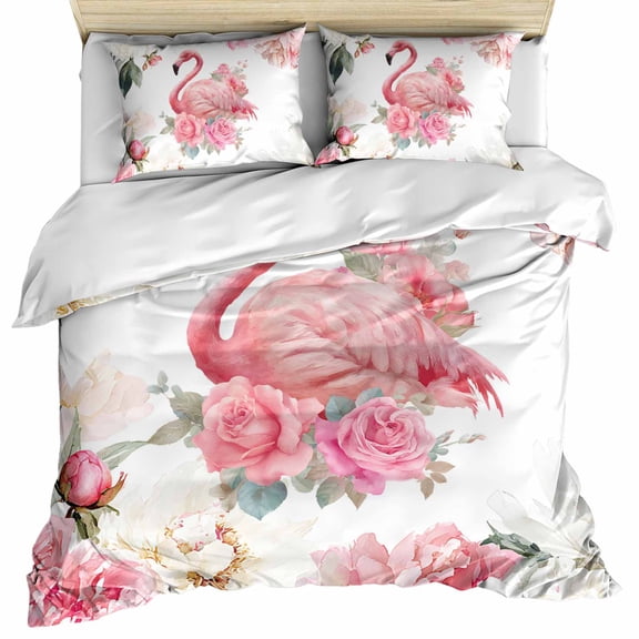 Pink Flamingo Bedding 3 Piece Duvet Cover Set Twin Size, Watercolor Flowers Spring Floral Leaf Plant Microfiber Comforter Cover with Zipper Closure & Pillowcases, Wrinkle & FadeResistant Quilt Cover