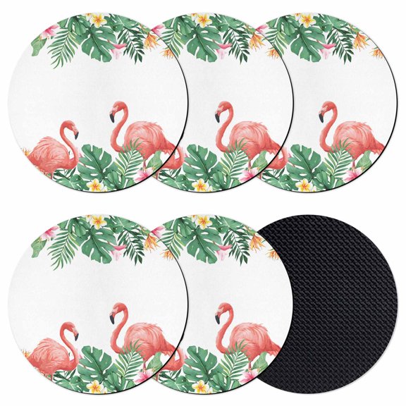 Pink Flamingo Birds Coasters Set of 6, Absorbent Coasters for Drinks, Summer Tropical Plants Flowers Coaster for Desk Coffee Table Protection, Home Decor House Warming Gifts 4"