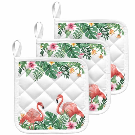 Pink Flamingo Birds Pot Holders for Kitchen Heatproof Potholder, 3 Pack Summer Tropical Plants Flowers Hot Pads Multipurpose Oven Pads Cloth Potholders Trivet for Cooking Baking