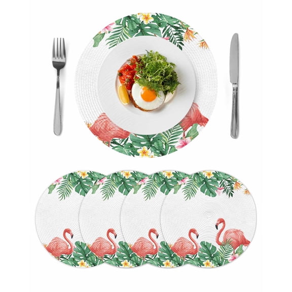 Pink Flamingo Birds Round Placemats Set of 4 for Dinning Tables,Heat-proof Braided Table Mats 13 Inch,Summer Tropical Plants Flowers Washable Place Mat for Kitchen Restaurant Party Table Decor