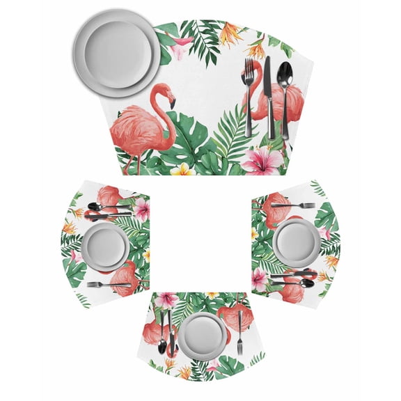 Pink Flamingo Birds Round Table Placemats Set of 6 Wedge Placemats, Summer Tropical Plants Flowers Place Mats for Dining Table Set Washable Mats Kitchen Decor for Indoor Outdoor Wipe Clean