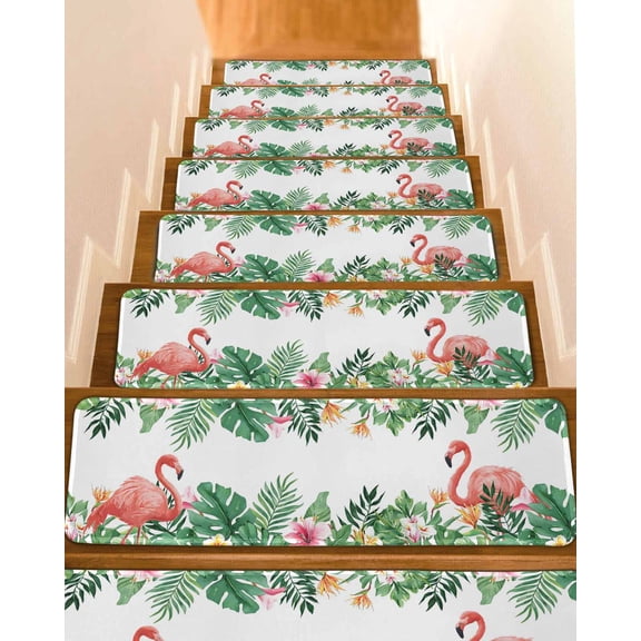 Pink Flamingo Birds Stair Treads for Wooden Steps Indoor Runner Rug Carpet, Summer Tropical Plants Flowers 4 Pieces Peel and Stick Staircase Step Treads Covers Washable Throw Door Mats, 30"x8"