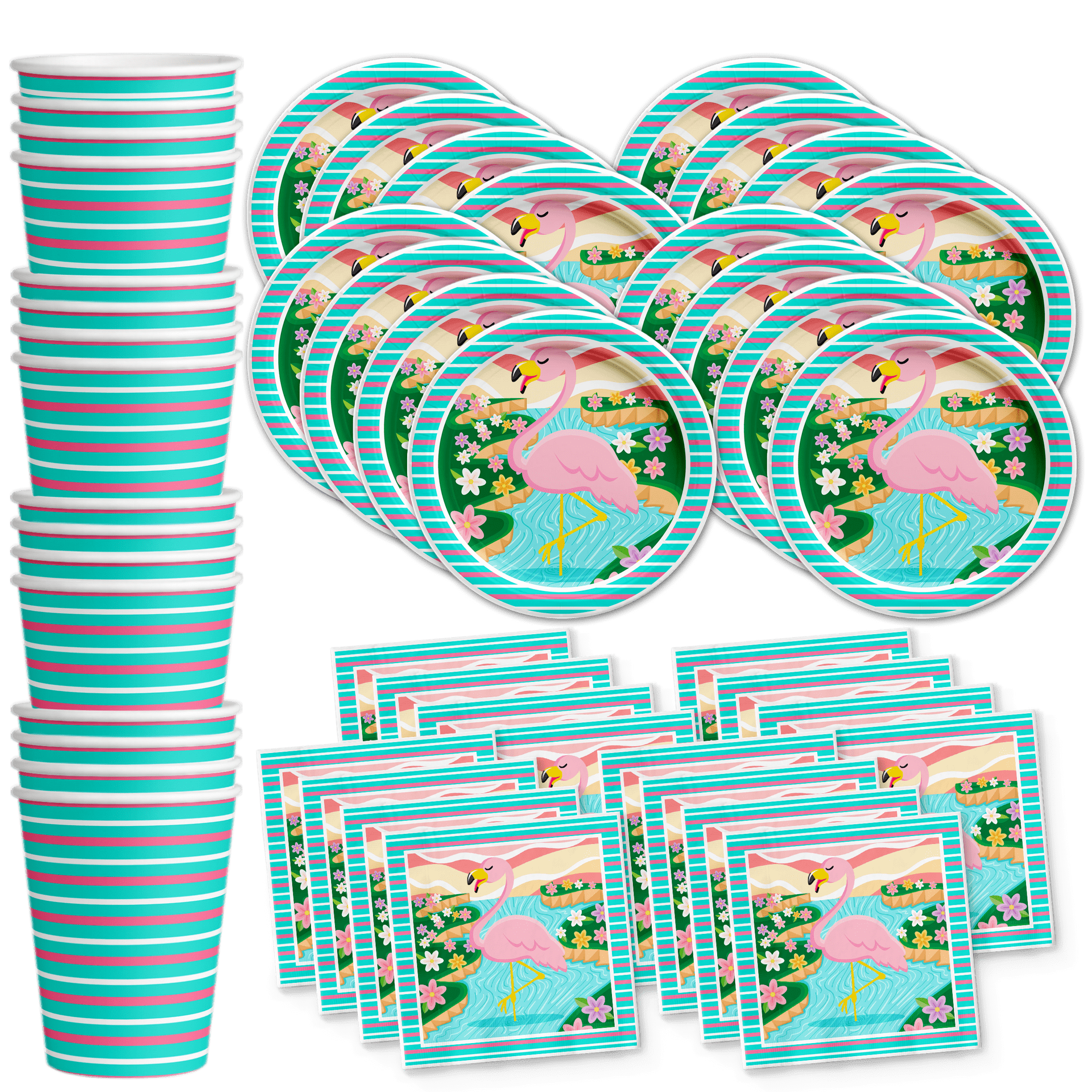 Pink Flamingo Birthday Party Supplies - Flamingo Bridal Shower - Flamingo Baby Shower - Flamingo 1st Birthday | Tableware Set Includes Plates Napkins and Cups | Kit for 16