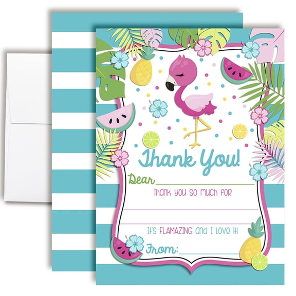 Pink Flamingo Birthday Thank You Cards for Kids 10 Cards with Envelopes 4.5x5 Fill In the Blank Thank You Notes, Kids Birthday Party Stationery by Amanda Creation