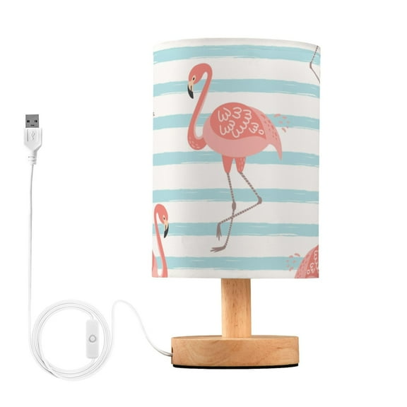 Pink Flamingo Blue Striped Bedside Table Lamp LED Warm Lights with USB Charging Port Retro Cylinder Desk Lamps