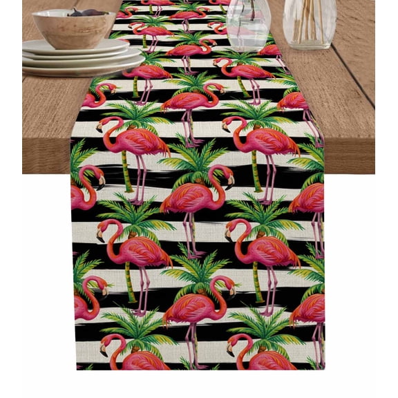 Pink Flamingo Burlap Cotton Table Runner 13x70 Inches Long, Palm Leaf Black Striped Tropical Plant Farmhouse Table Runners, Outdoor Dining Tablecloths Decor for Baby Shower/Party/Wedding