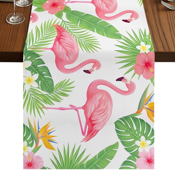 Pink Flamingo Burlap Cotton Table Runner 13x70 Inches Long, Summer Green Monstera Leaf Botanical Farmhouse Table Runners, Outdoor Dining Table Decor for Baby Shower/Party/Wedding