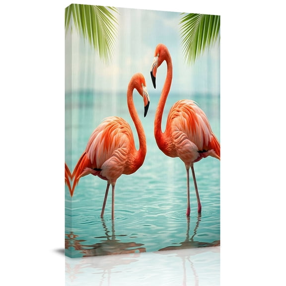 Pink Flamingo Canvas Wall Art for Living Room, Animal Tropical Palm Tree Blue Lake Surface Wall Decor Framed Artwork Pictures Ready to Hang for Bedroom Office Home Decor