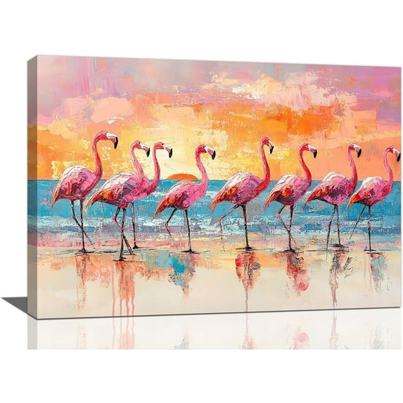 Pink Flamingo Canvas Wall Art Tropical Flamingo Coastal Blue Ocean Sunrise Pictures Decor Beach Sunset Painting Modern Unframed Prints Artwork for Home Bathroom Bedroom Living Room Office