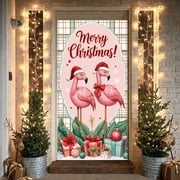 Pink Flamingo Christmas Banner Santa Hat Flamingo Display Gift Boxes Snowflakes Xmas Backdrop for Christmas Party Holiday Decoration Indoor Celebration