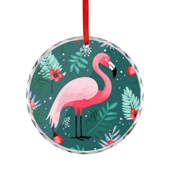 Pink Flamingo Christmas Crystal Glass Christmas Ornament for Home Office Xmas Tree Decor Winter Flamingo Round Shaped Glass Ornament
