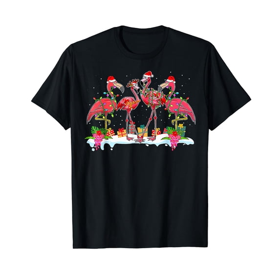 Pink Flamingo Christmas Lighting Xmas Tree Santa Hat Pajama T-Shirt