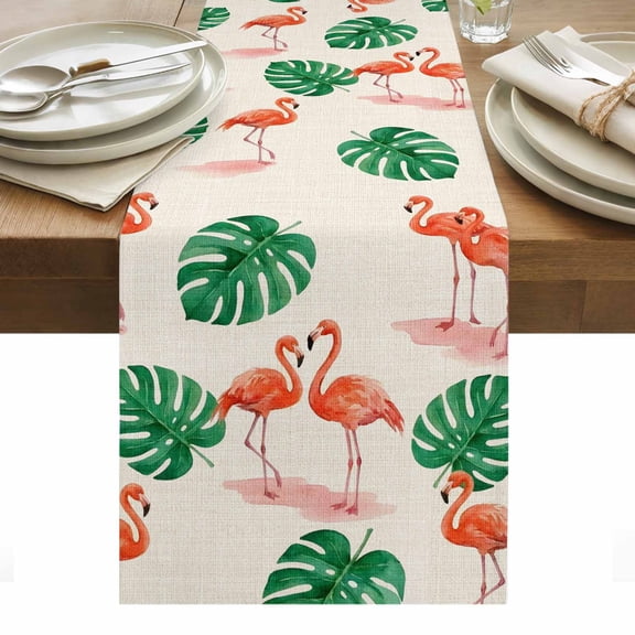 Pink Flamingo Cotton Linen Table Runner Summer Animals Tropical Green Palm Leaf Birds Linen Texture Dining Table Runners for Home Decor Party Dining Room Restaurant Kitchen Party 13" x 36"