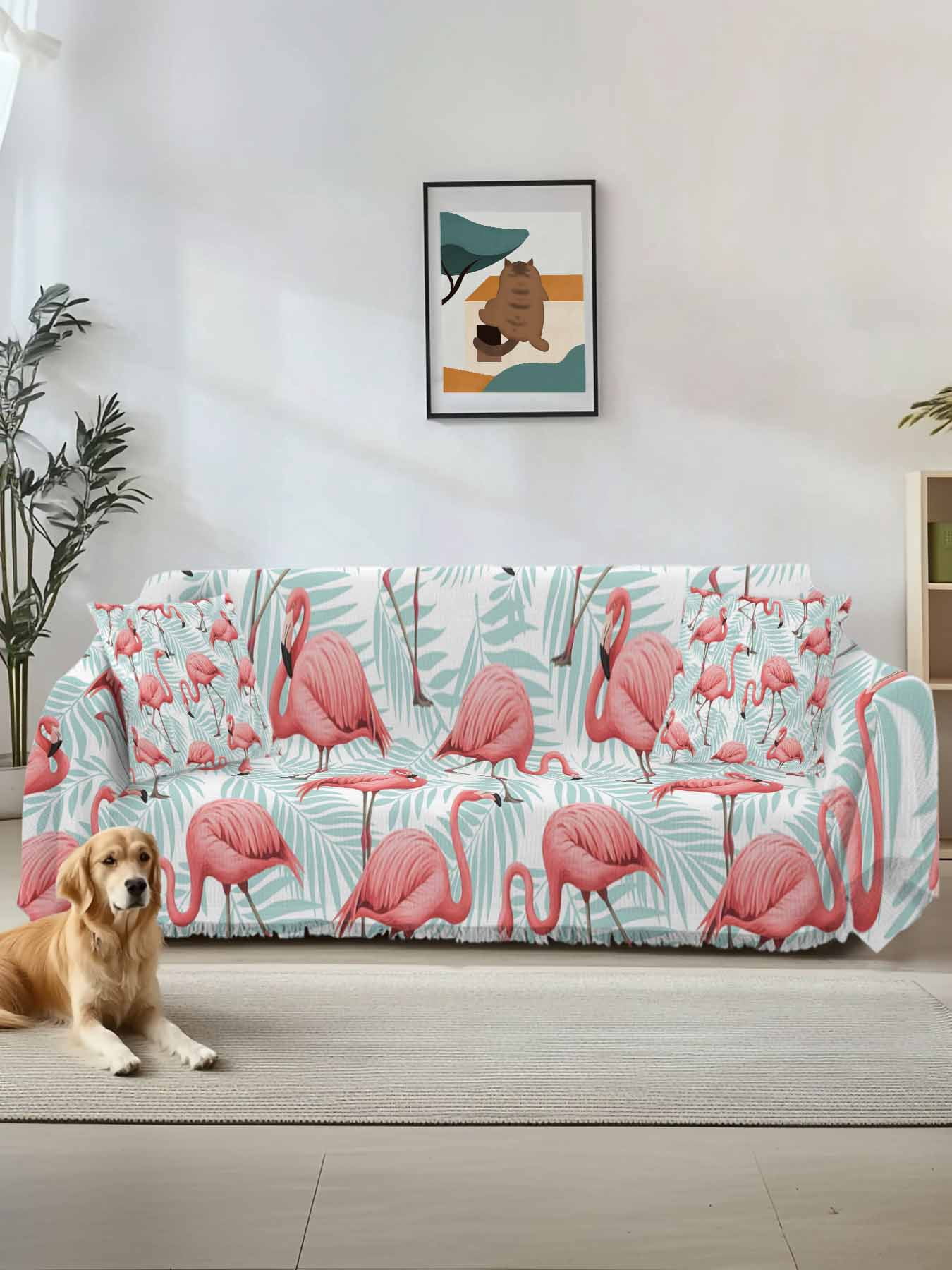 Pink Flamingo Couch Cover, Blue Summer Tropical Plants Leaves Sofa Cover Blanket for Loveseat Couches, Sectional Sofa Slipcover Furniture Protector for Living Room Bedroom 71''x118''
