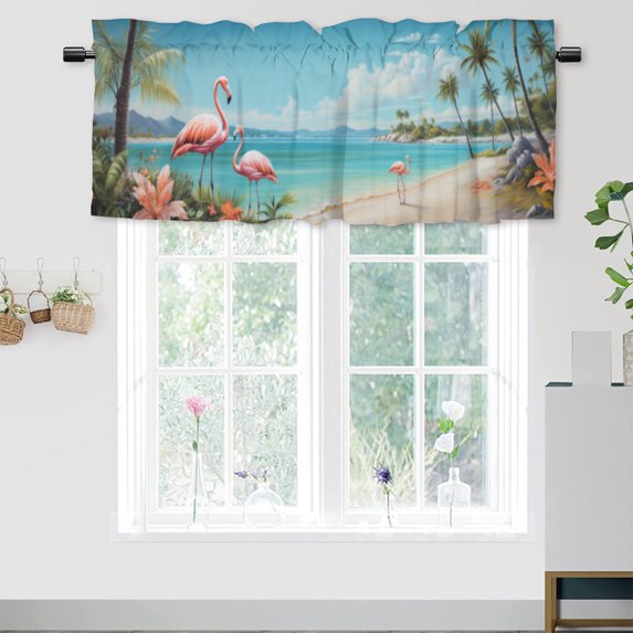Pink Flamingo Curtain Valance for Kitchen Tropical Palm Tree Beach Summer Window Valance for Living Room Bedroom, Kitchen Valance Rod Pocket Window Curtain 54 by 18 in, 1 Panel