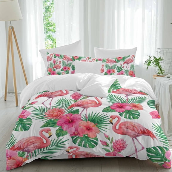 Pink Flamingo Duvet Cover Set Queen Size, Boho Tropical Hibiscus Green Leaf 4 Piece Bedding Set with Zipper Closure & Corner Ties Soft Breathable Comforter Cover for Bedroom