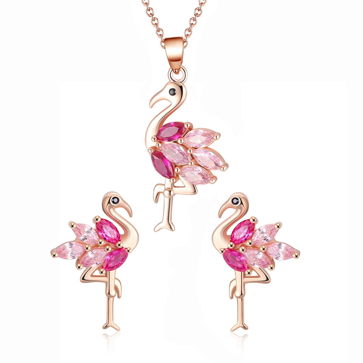 Pink Flamingo Necklace and Earrings Set for Women Cz Rose Sterling Silver Ginger Lyne Collection