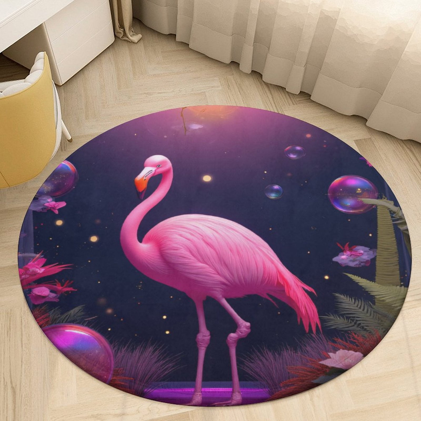 Pink Flamingo Fantasy Night Round Area Rugs for Bedroom Living Room ...