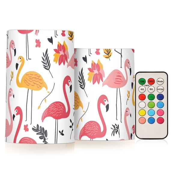Pink Flamingo Flameless LED Candle Set with Remote, Battery Operated Color Changing Pillar Candles, Set of 2